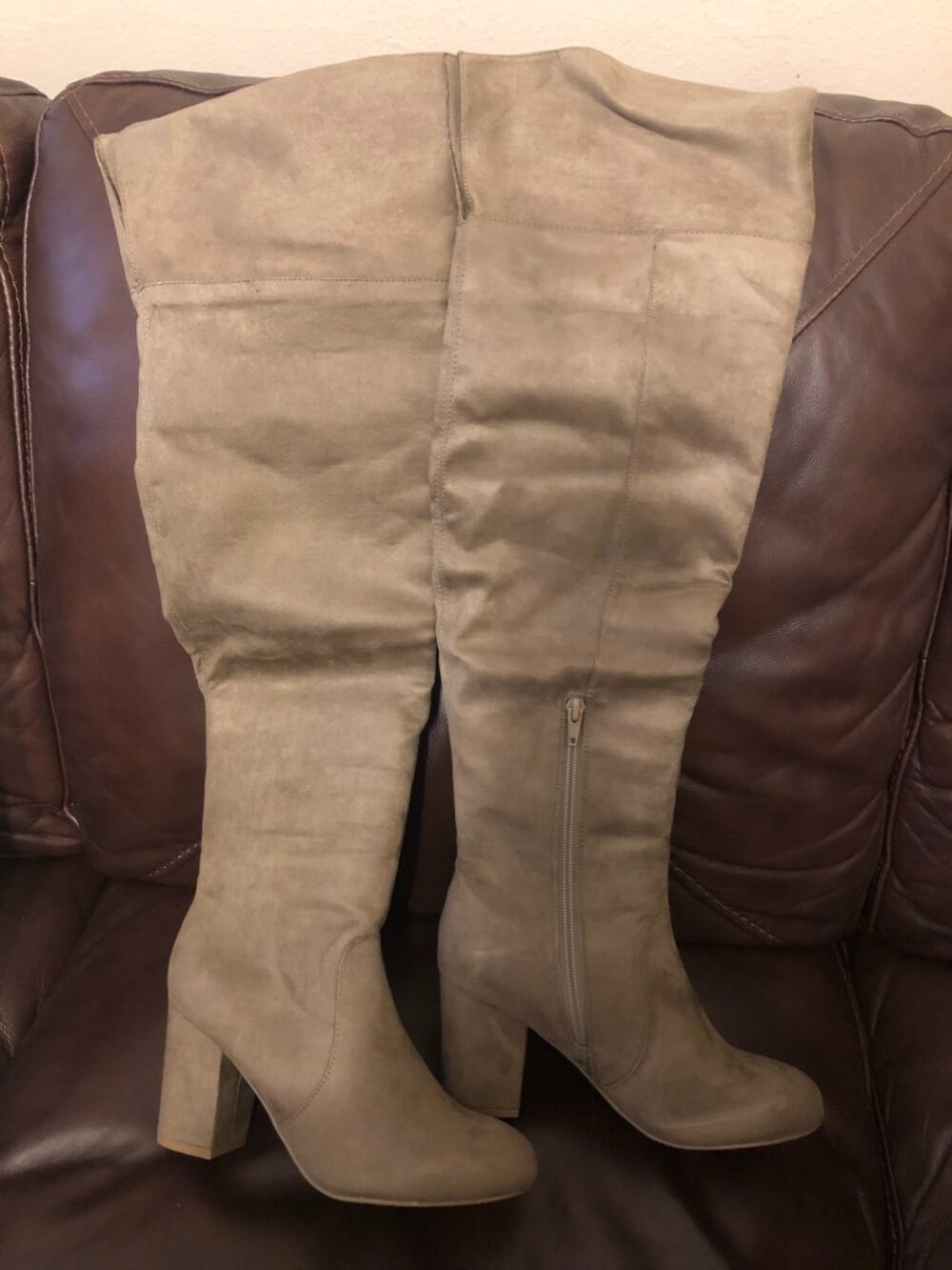 NIB Call It Spring Faux Suede Over The Knee Block Heel Boots Taupe Size 7